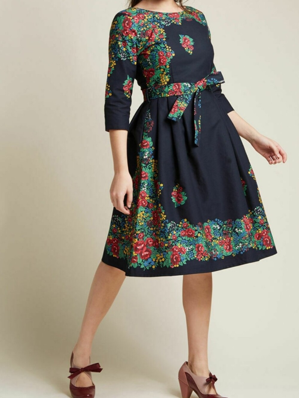 NWT PALAVA UK Beatrice Black Hungarian Flower Retro Belted Midi Dress US 10 - Picture 15 of 15